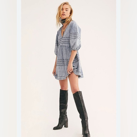 Free People Dresses & Skirts - Free People Sweet Surrender Baby Doll Acid Blue Trendy Style denim mini dress XL